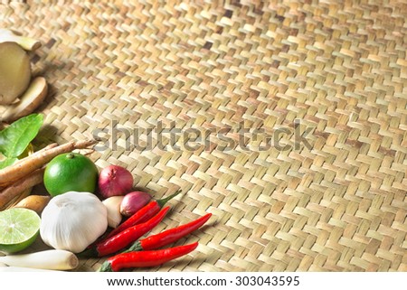 Traditional Thai food cuisine Herb ingredient on basketry texture handmade