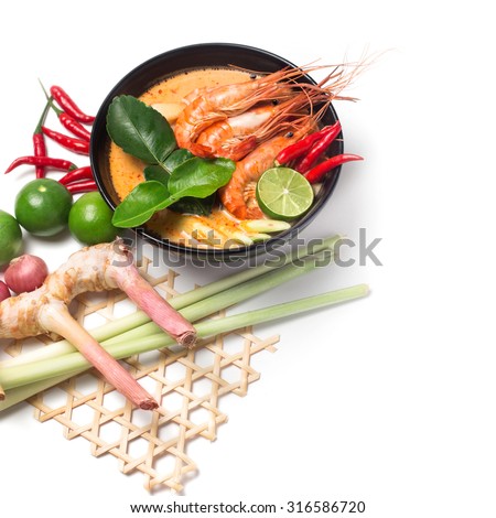 Tom Yum Goong thai food traditional  cuisine with ingredient on white isolated background
