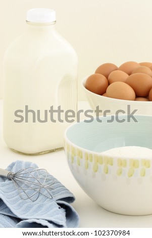 Milk, eggs and flour fresh and basic baking ingredients
