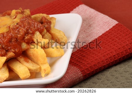 Gourmet restaurant style chili fries perfect snack or meal by it self