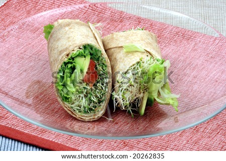 Vegan sandwich wrap with healthy alfalfa and other  fresh ingredients