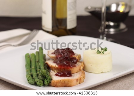 delicious gourmet thanks giving  or christmas dinner made with turkey and cranberry sauce