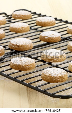 Fresh baked shortbread cookies on cooling rack, shalow D.O.F