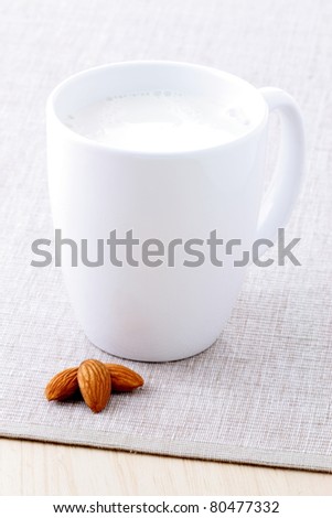fresh and healthy cup of almonds milk made with organic soybeans