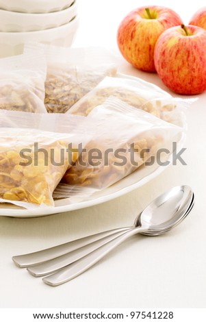 delicious, healthy and assortes cereal bags  and nutritious apples with  French Cafe au Lait Bowls
