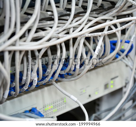 close-up of mess pattern  ethernet cables connected to computer  internet server