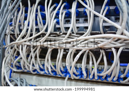 close-up of  mess pattern  ethernet cables connected to computer  internet server