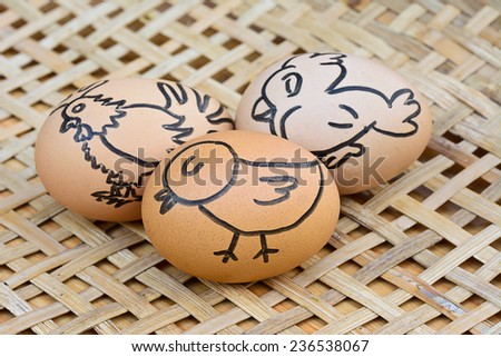 closeup of eggs with birds drawing on wood basket for food concept ; selective focus with blur background