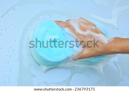female hand is cleaning  car bonnet with blue sponge; selective focus at hand