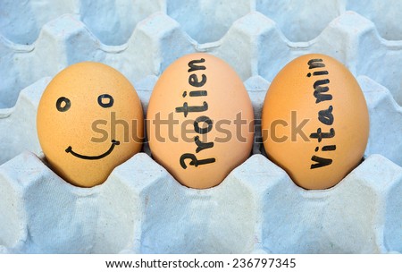 closeup of eggs with handwriting word protien,vitamin and face  on egg crate for food concept ; selective focus with blur background