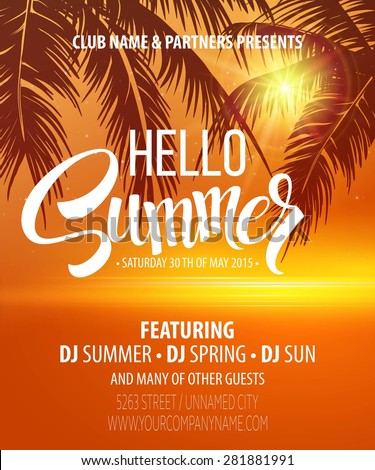 Hello Summer Beach Party Flyer. Vector Design EPS 10