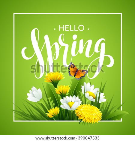 Inscription Spring Time on background with spring flowers. Spring floral background. Spring flowers background design for spring EPS10