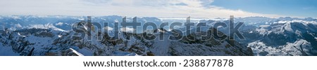 Panoramic photo of a mountain range in Switzerland with bird\'s-eye view