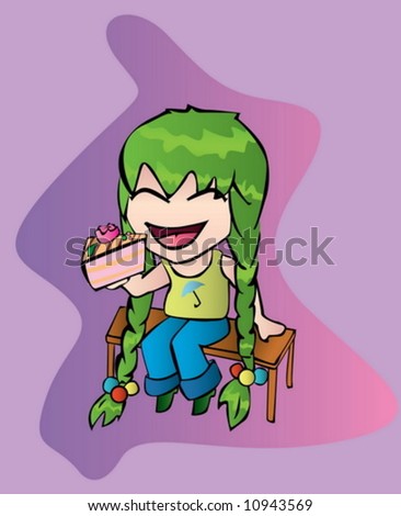 Cartoon Girl Eating Cake. cute girl eating cake