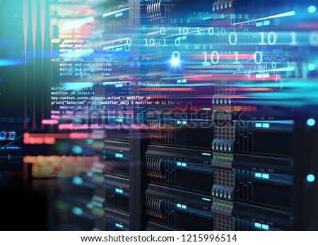 3D illustration of super computer server racks in datacenter,concept of big data storage and  \
mining cryptocurrency.