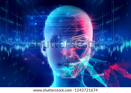 Face detection and recognition of digital human 3d illustration.Concept of \Computer vision and artificial intelligence and biometric facial \identification.