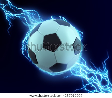 soccer ball spark with blue thunder can be use in extreme sport title or technology related.