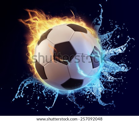 football in blue water splash and orange flame can be use in extreme sport title or print ad
