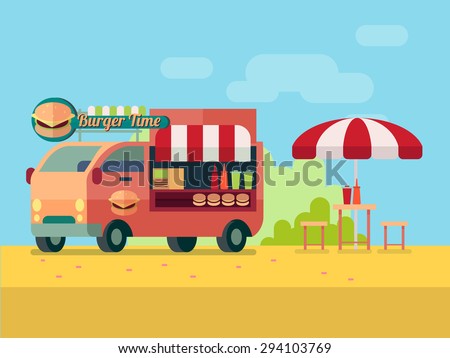 burger food truck delivery and picnic. Mobile food for outdoor recreation vector illustration