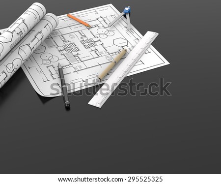 Architect blueprint and stationary tool background and blank space left for text and design element with clipping path