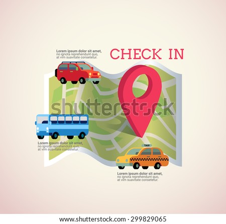 vector map with pin icon show location and destination of transportation , type of transportation such as car,bus,taxi and check in text.