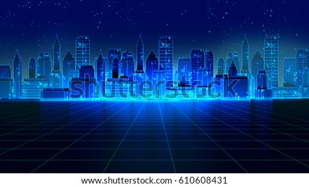 Retro futuristic skyscraper city 1980s style 3d illustration. Digital landscape in a cyber \
world. For use as music album cover .