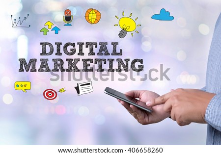 DIGITAL MARKETING person holding a smartphone on blurred cityscape background