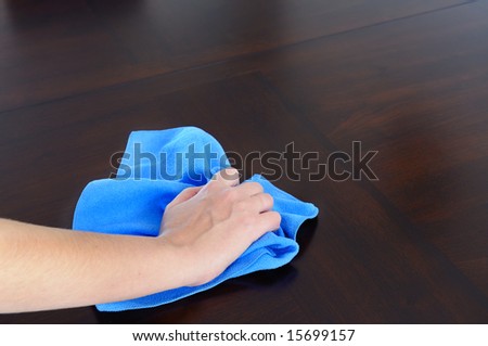 woman\'s hand with microfiber cloth polishing dark wood