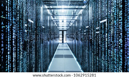 Shot of Corridor in Working Data Center Full of Rack Servers and Supercomputers with Raining Script Codes and Numbers Visualization Projection.