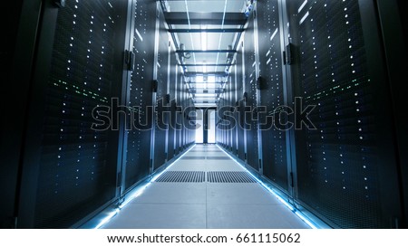 Shot of a Working Data Center With Rows of Rack Servers.