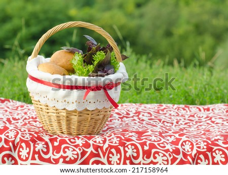 Decorated picnic basket with buns and bunch of basil and salad on red tablecloth, green landscape