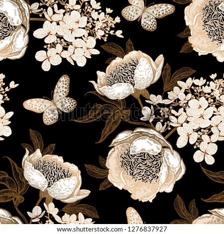 Peonies, hydrangea and butterfly. Floral vintage seamless pattern. Gold and white flowers, leaves, branches on black background. Oriental style. Vector illustration art. Template of textiles, paper.