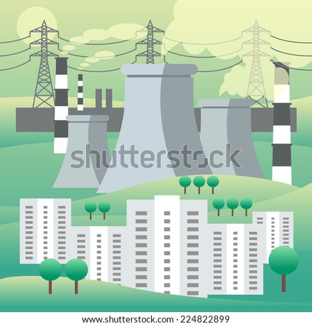 Colored vector flat icon and illustration urban  landscapes: nature, lake, vacation, sun, trees, house, field, city, factory, pollution, cars, skyscrapers.