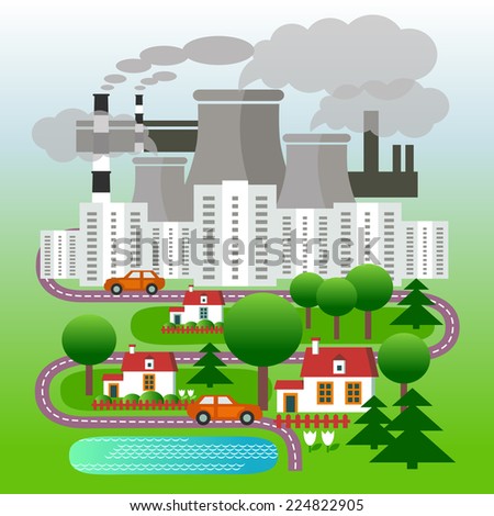 Colored vector flat icon and illustration urban and village landscapes: nature, lake, vacation, sun, trees, house, field, city, factory, pollution, cars, skyscrapers.