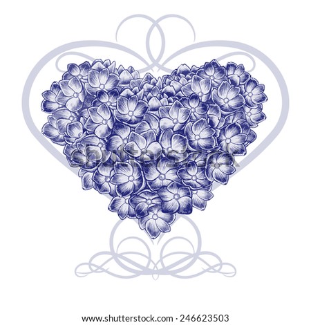 Floral card. Illustration of heart made of flowers hydrangeas. Vector. Victorian style. Black and white. Congratulations to the St. Valentine's Day or wedding invitation.