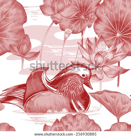 Vector seamless background. Illustration with birds and exotic flowers in the art watercolor pencils. Pond with ducks and lotus. Design for fabrics, textiles, paper, wallpaper, web. Retro. Vintage.