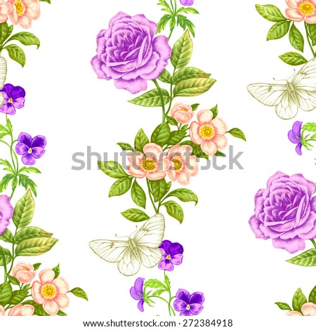 Floral seamless pattern. Flowers roses, peonies, pansies, butterflies. Design paper, wallpaper, cards, invitations, packaging, textile, interior decoration, upholstery fabrics. Vector. Victorian.
