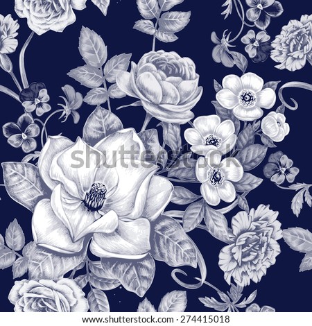 Vector pattern. Seamless natural texture with blossom garden flowers peonies, roses, pansies, carnations, magnolia. Hand drawn. Black and white. Vintage. Victorian style.