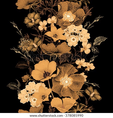 Seamless vector pattern of garden flowers in style of Chinese lacquer miniature. Flowers gold color on black background. Vintage. Design of flowers - oriental style. Flowers roses, bluebells, daisies.