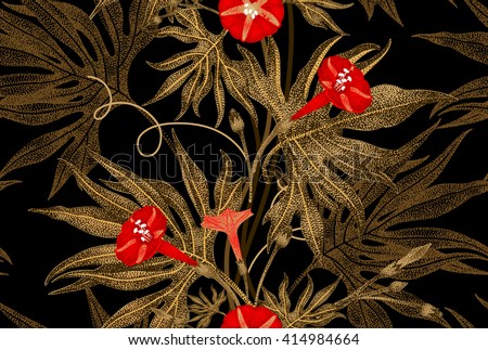 Exotic climbing plant ivy. Vector seamless floral pattern. Golden branch, leaves, red flowers on black background. Illustration in vintage style - template design luxury packaging, textile, paper.
