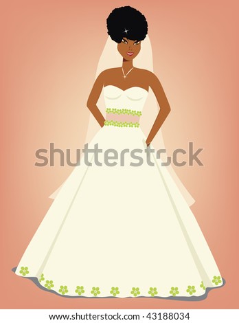 Afro-American bride in white dress trimmed with green flowers against a pink background.