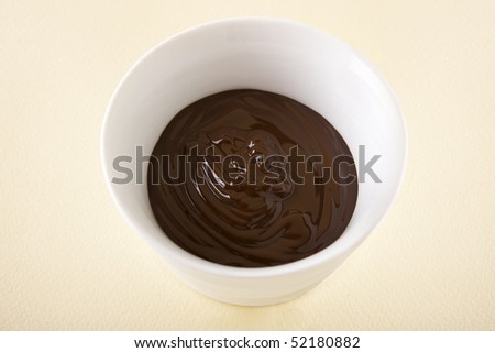 Melted chocolate sauce in a small white bowl.