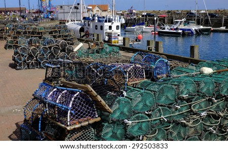 Lobster pots on quayside, Scarborough, UK