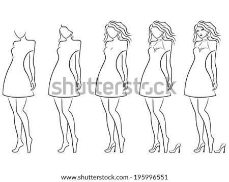 Alluring young women contour in hand drawing sequence with five steps