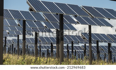 South Central Wisconsin - August 19, 2014  Close up low angel shot of solar panels angled towards sky
