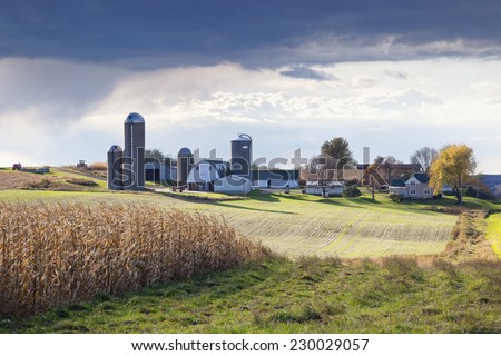 South Central Wisconsin, USA - October 27, 201: South Central Wisconsin Fall farm landscape with dramatic clouds in sky.