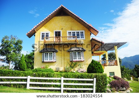 Yellow classic house on hill, Pai, Maehongson, Thailand