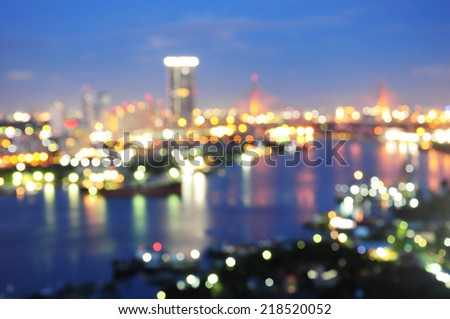 Bangkok riverside cityscape at twilight time, Blurred Photo bokeh