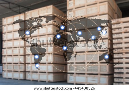 World international map connection connect network with blurred distribution logistic cargo warehouse background, Transportation and business concept, element of this image furnished by NASA
