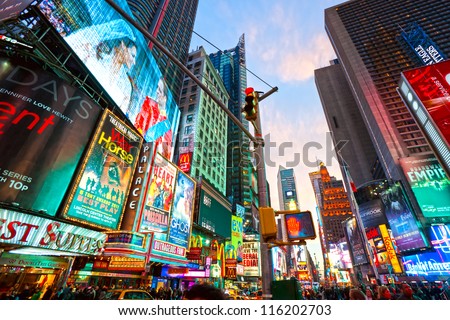 New York City -March 25: Times Square, Featured With Broadway Theaters And Animated Led Signs, Is A Symbol Of New York City And The United States, March 25, 2012 In Manhattan, New York City. Usa.